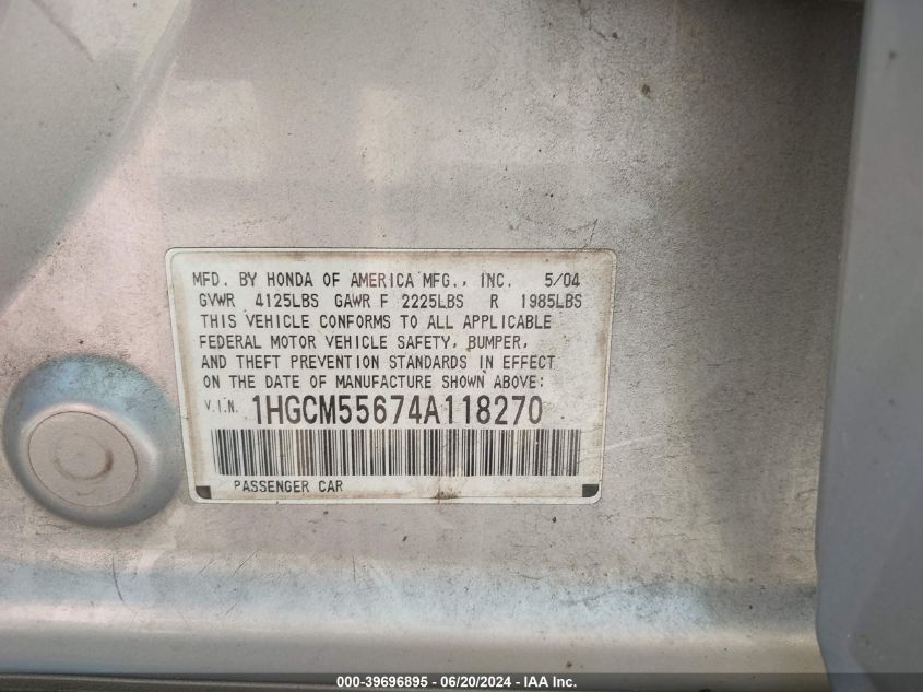 2004 Honda Accord Ex VIN: 1HGCM55674A118270 Lot: 39696895