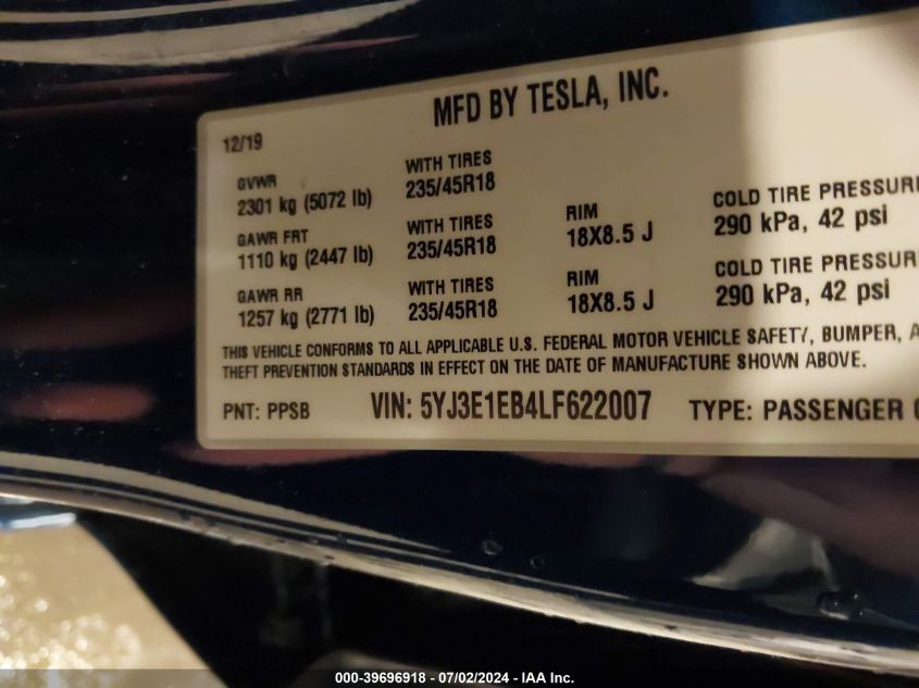 2020 Tesla Model 3 Long Range Dual Motor All-Wheel Drive VIN: 5YJ3E1EB4LF622007 Lot: 39696918