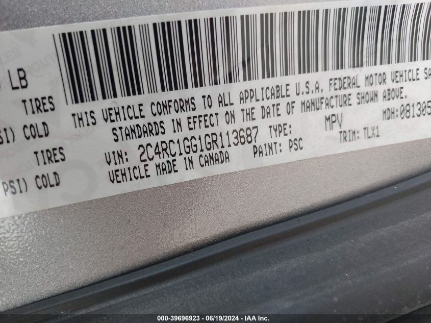 2016 Chrysler Town & Country Limited Platinum VIN: 2C4RC1GG1GR113687 Lot: 39696923