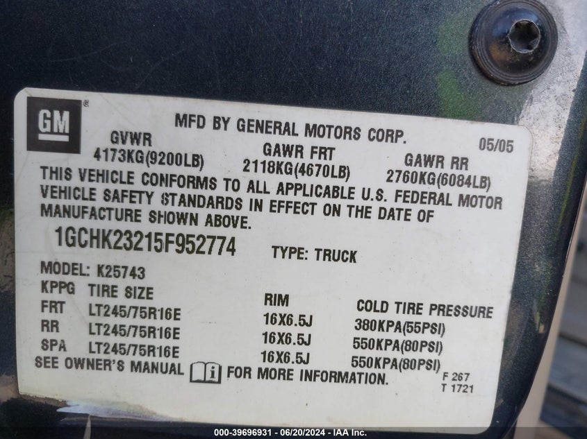 2005 Chevrolet Silverado 2500Hd Lt VIN: 1GCHK23215F952774 Lot: 39696931