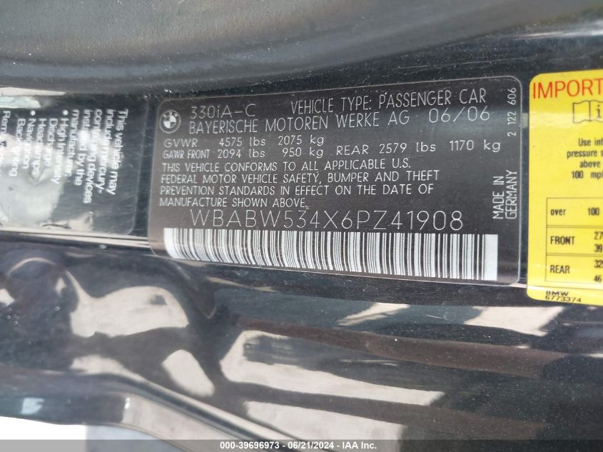 2006 BMW 330Ci VIN: WBABW534X6PZ41908 Lot: 39696973