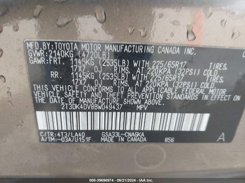 2011 Toyota Rav4 Limited V6 VIN: 2T3DK4DV8BW049437 Lot: 39696974