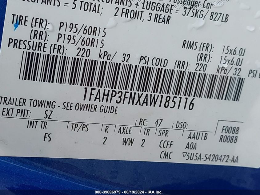 2010 Ford Focus Se VIN: 1FAHP3FNXAW185116 Lot: 39696979