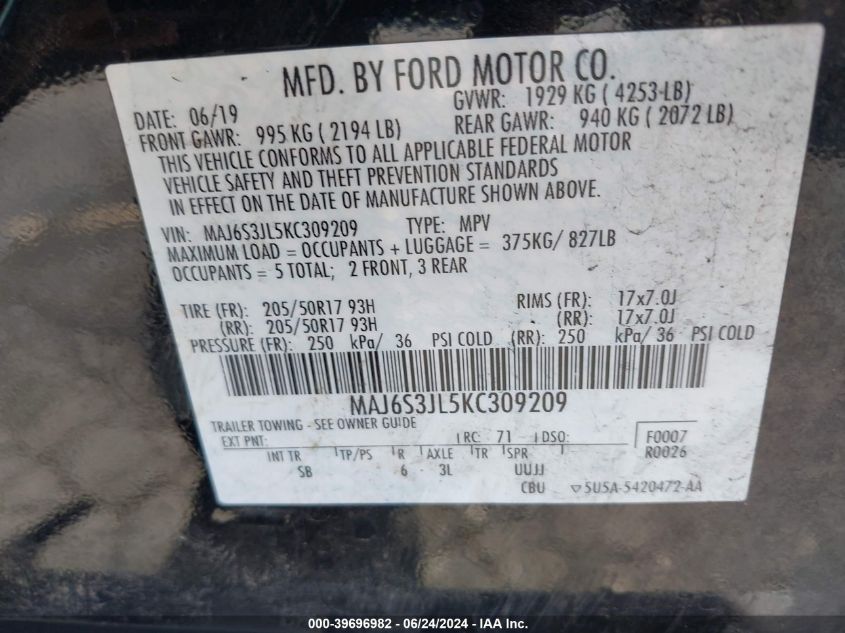 2019 Ford Ecosport Ses VIN: MAJ6S3JL5KC309209 Lot: 39696982