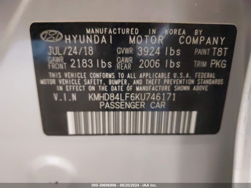 2019 Hyundai Elantra Sel VIN: KMHD84LF6KU746171 Lot: 39696986