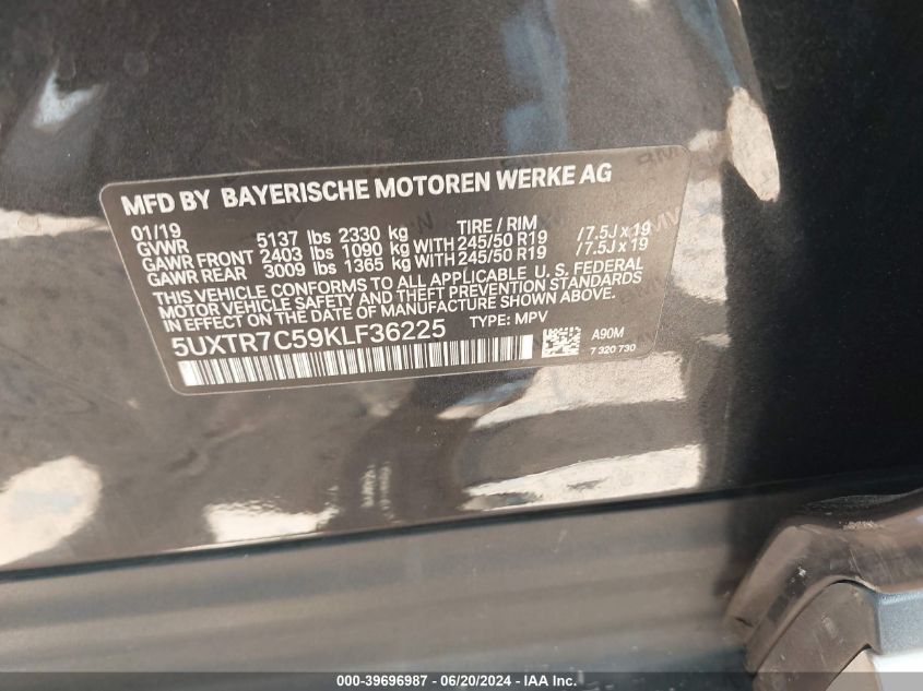 2019 BMW X3 Sdrive30I VIN: 5UXTR7C59KLF36225 Lot: 39696987