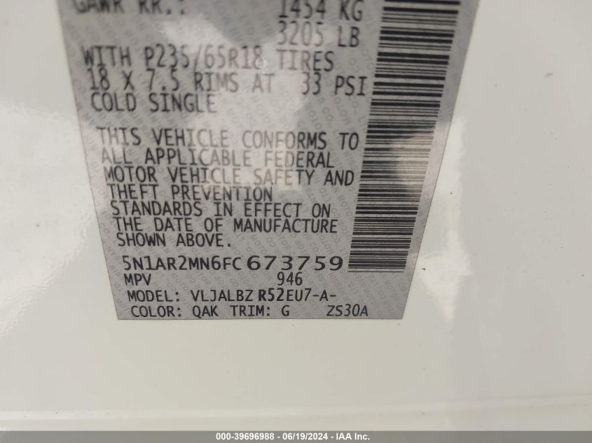 2015 Nissan Pathfinder S VIN: 5N1AR2MN6FC673759 Lot: 39696988