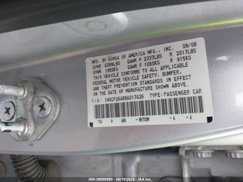 2009 Honda Accord 2.4 Lx-P VIN: 1HGCP26489A017426 Lot: 39696990