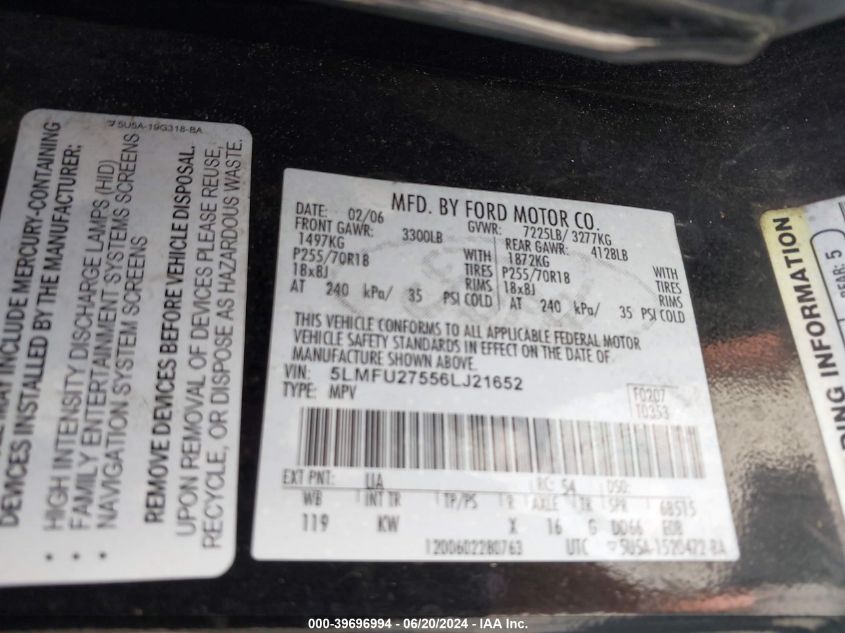 2006 Lincoln Navigator VIN: 5LMFU27556LJ21652 Lot: 39696994