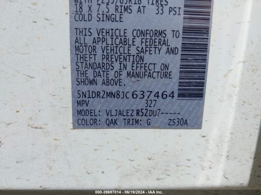 2018 Nissan Pathfinder Sv VIN: 5N1DR2MN8JC637464 Lot: 39697014