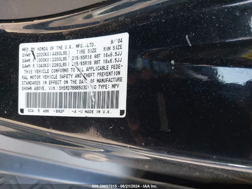 2005 Honda Cr-V Ex VIN: SHSRD78885U301910 Lot: 39697015