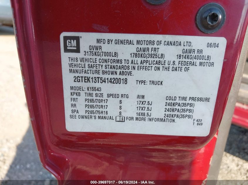 2004 GMC Sierra 1500 Sle VIN: 2GTEK13T541420018 Lot: 39697017