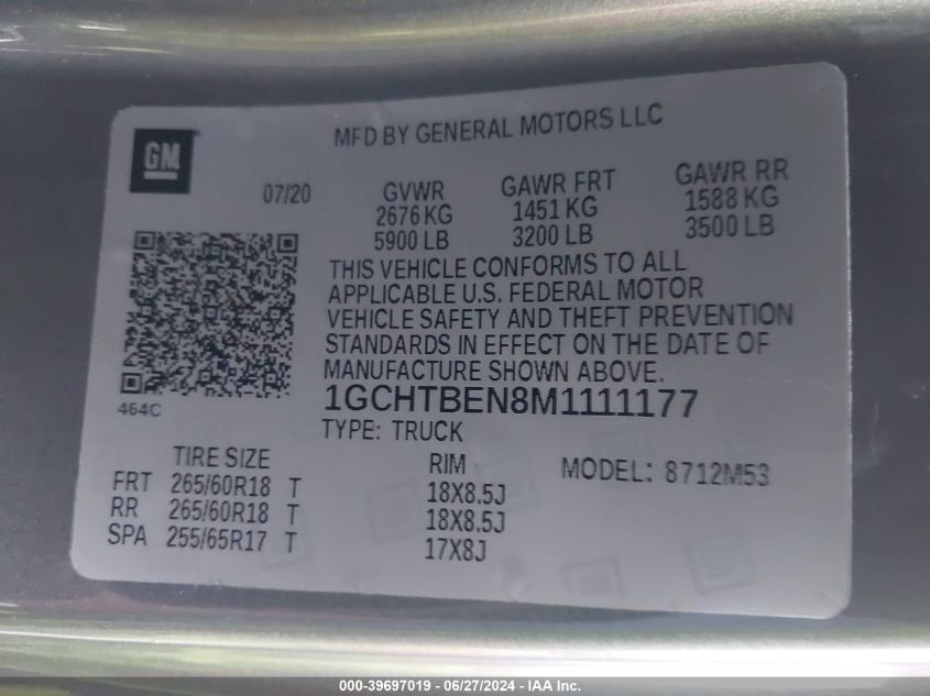 2021 Chevrolet Colorado 4Wd Long Box Wt VIN: 1GCHTBEN8M1111177 Lot: 39697019