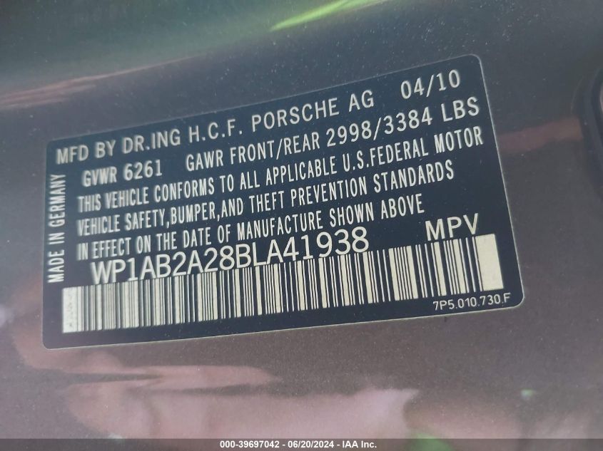 2011 Porsche Cayenne S VIN: WP1AB2A28BLA41938 Lot: 39697042