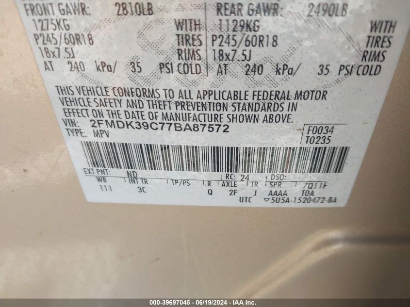 2007 Ford Edge Sel Plus VIN: 2FMDK39C77BA87572 Lot: 39697045