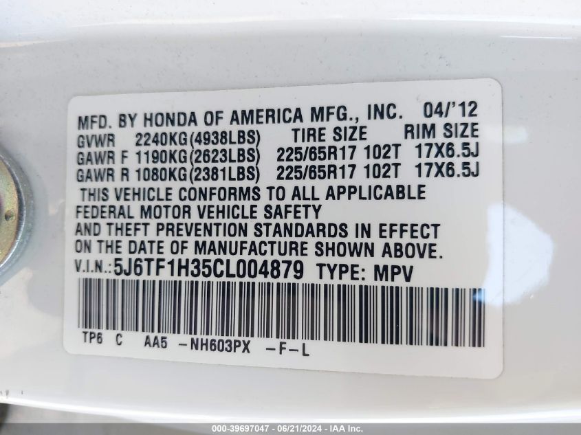 2012 Honda Crosstour Ex VIN: 5J6TF1H35CL004879 Lot: 39697047