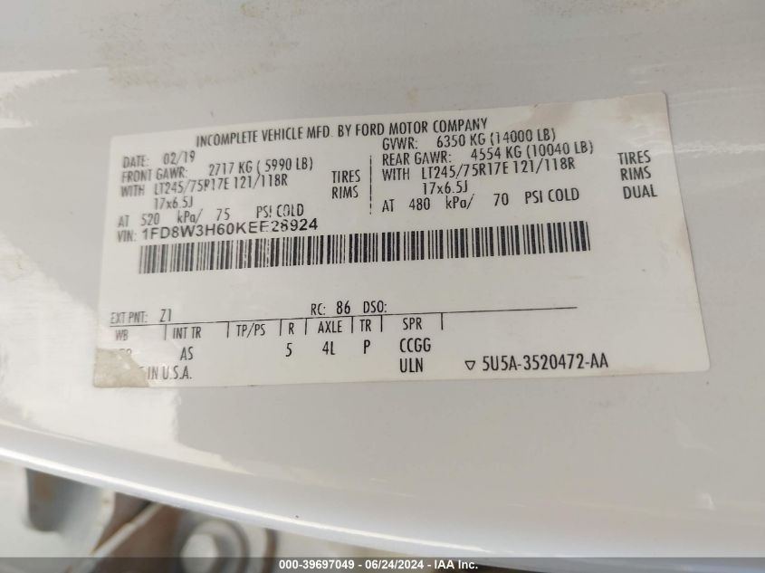 2019 Ford F-350 Chassis Xl VIN: 1FD8W3H60KEE28924 Lot: 39697049