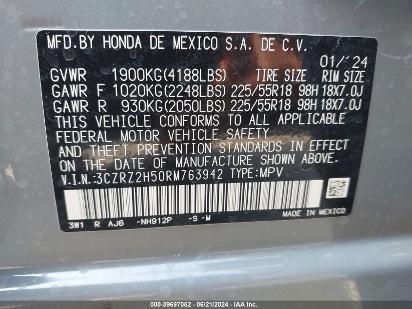2024 Honda Hr-V Awd Sport/Awd Sport W/O Bsi VIN: 3CZRZ2H50RM763942 Lot: 39697052