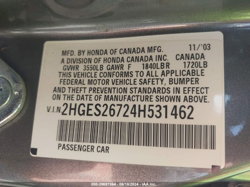 2004 Honda Civic Ex VIN: 2HGES26724H531462 Lot: 39697064