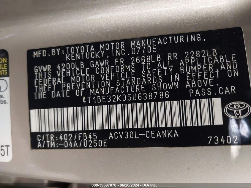 2005 Toyota Camry Std VIN: 4T1BE32K05U638786 Lot: 39697070