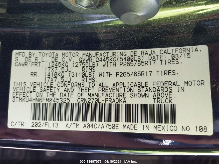 2015 Toyota Tacoma Prerunner V6 VIN: 3TMKU4HN6FM045325 Lot: 39697073