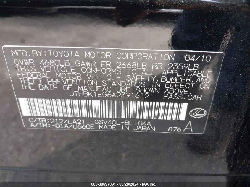 2010 Lexus Es 350 350 VIN: JTHBK1EG6A2391612 Lot: 39697091