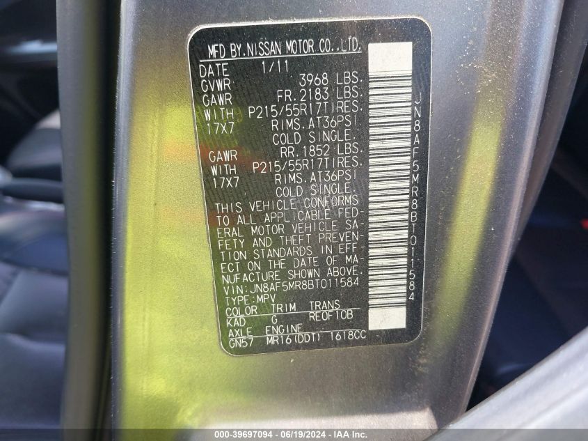 2011 Nissan Juke Sl VIN: JN8AF5MR8BT011584 Lot: 39697094