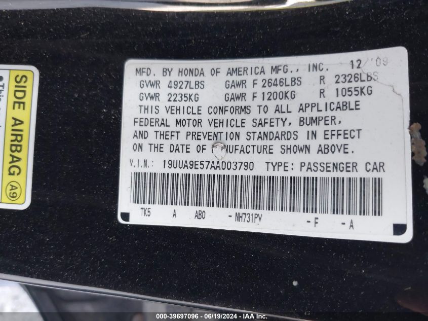 2010 Acura Tl 3.7 VIN: 19UUA9E57AA003790 Lot: 39697096