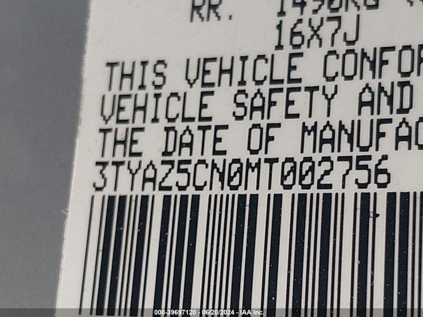 2021 Toyota Tacoma Double Cab/Sr5/Trd Sport/ VIN: 3TYAZ5CN0MT002756 Lot: 39697120