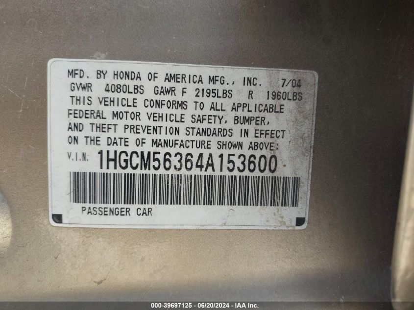 2004 Honda Accord 2.4 Lx VIN: 1HGCM56364A153600 Lot: 39697125