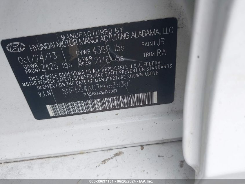 5NPEB4AC7EH838391 2014 Hyundai Sonata Gls