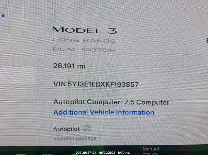 2019 Tesla Model 3 VIN: 5YJ3E1EBXKF193857 Lot: 39697134