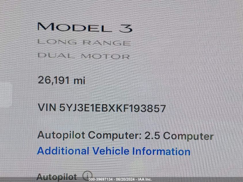 2019 Tesla Model 3 VIN: 5YJ3E1EBXKF193857 Lot: 39697134