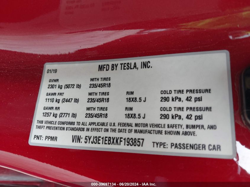 2019 Tesla Model 3 VIN: 5YJ3E1EBXKF193857 Lot: 39697134