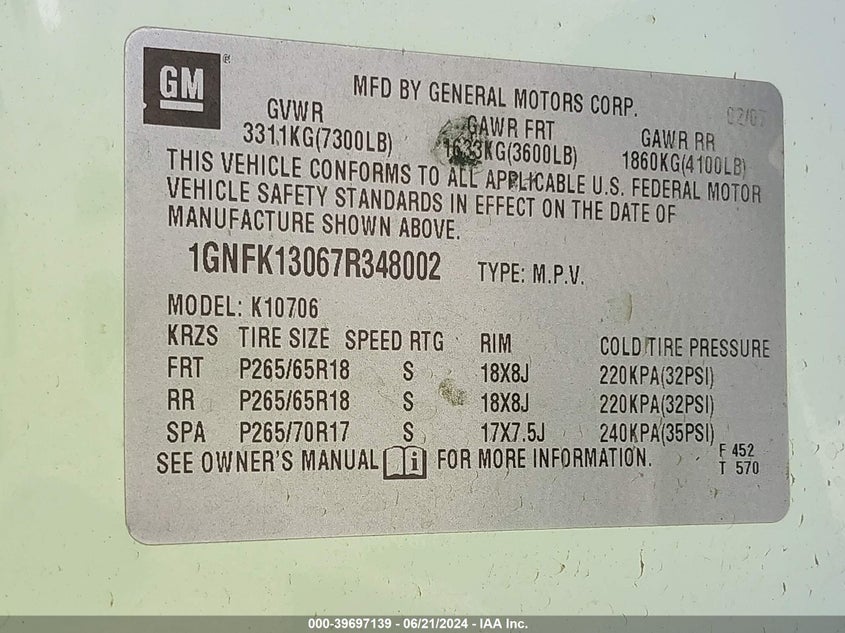 2007 Chevrolet Tahoe K1500 VIN: 1GNFK13067R348002 Lot: 39697139