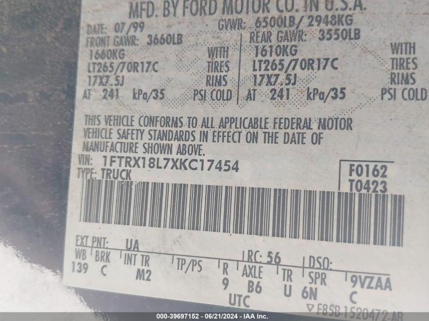 1999 Ford F150 VIN: 1FTRX18L7XKC17454 Lot: 39697152