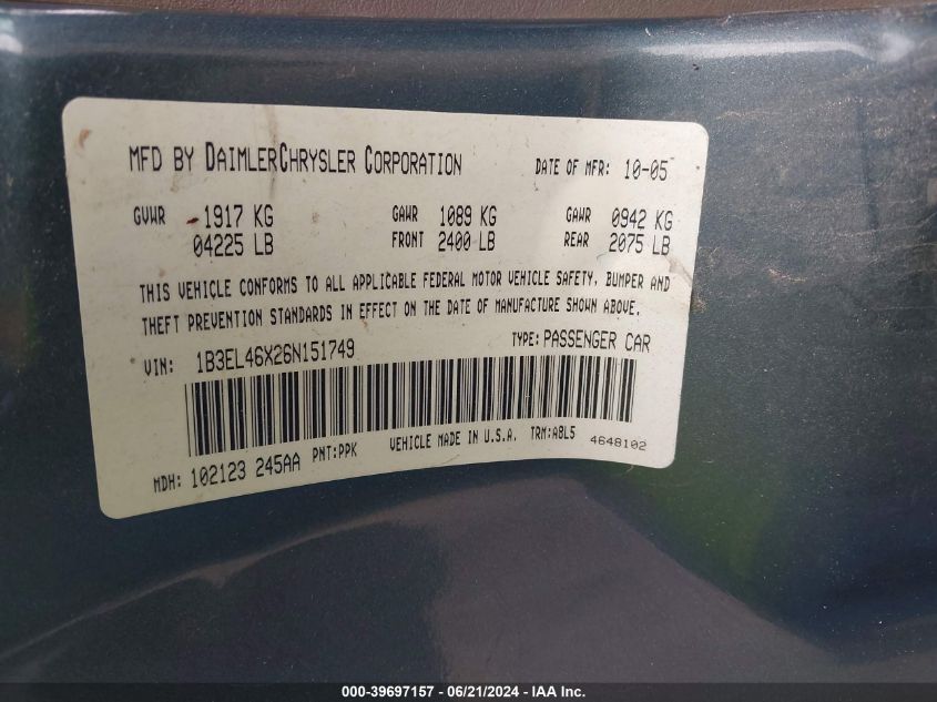 2006 Dodge Stratus Sxt VIN: 1B3EL46X26N151749 Lot: 39697157