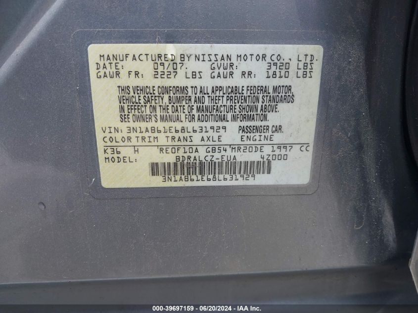 2008 Nissan Sentra 2.0 VIN: 3N1AB61E68L631929 Lot: 39697159