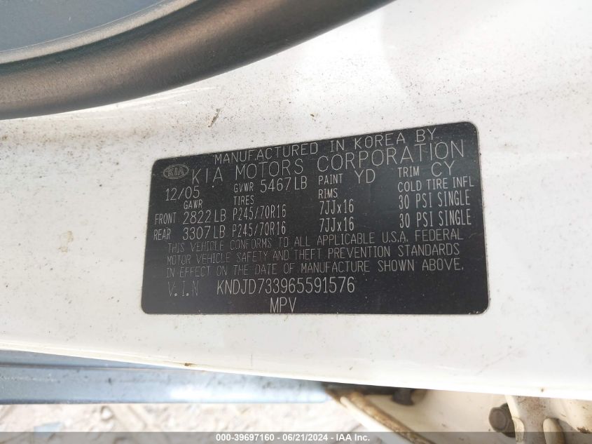 2006 Kia Sorento Ex/Lx VIN: KNDJD733965591576 Lot: 39697160