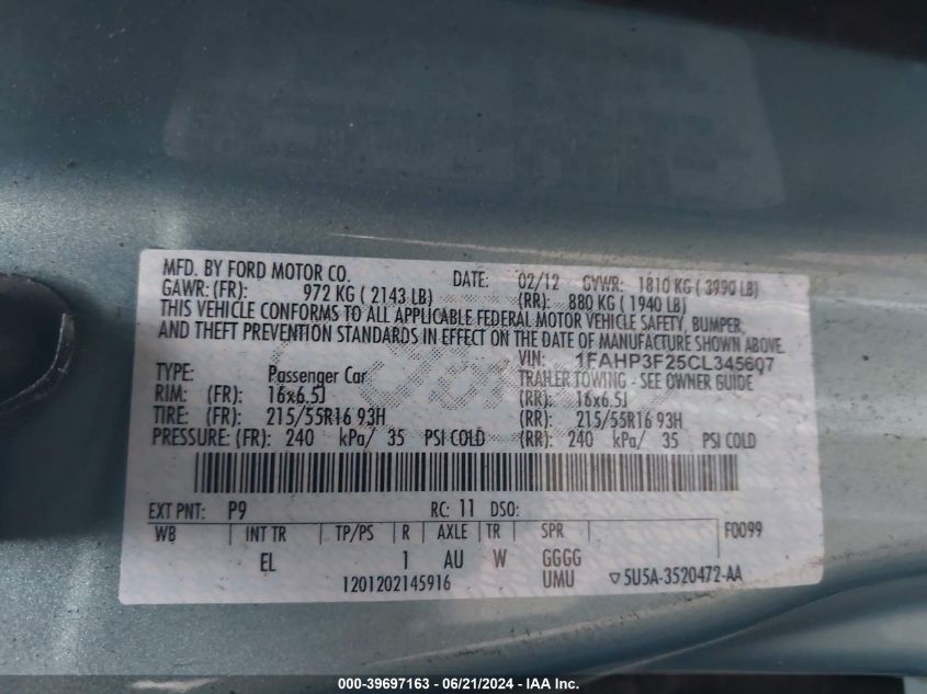 2012 Ford Focus Se VIN: 1FAHP3F25CL345607 Lot: 39697163