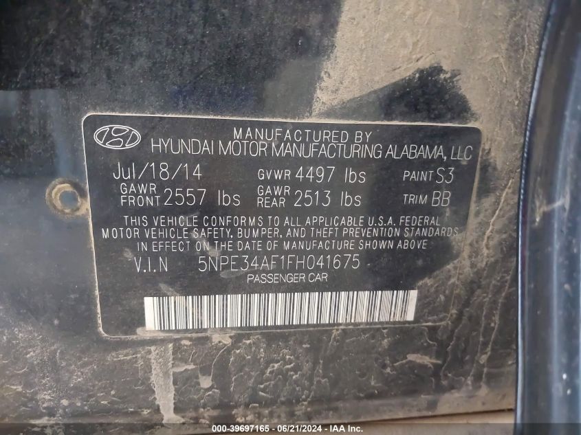 2015 Hyundai Sonata Sport VIN: 5NPE34AF1FH041675 Lot: 39697165