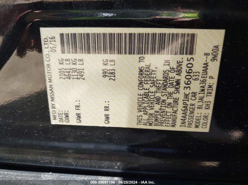 2017 Nissan Maxima 3.5 Sr VIN: 1N4AA6AP1HC360605 Lot: 39697196