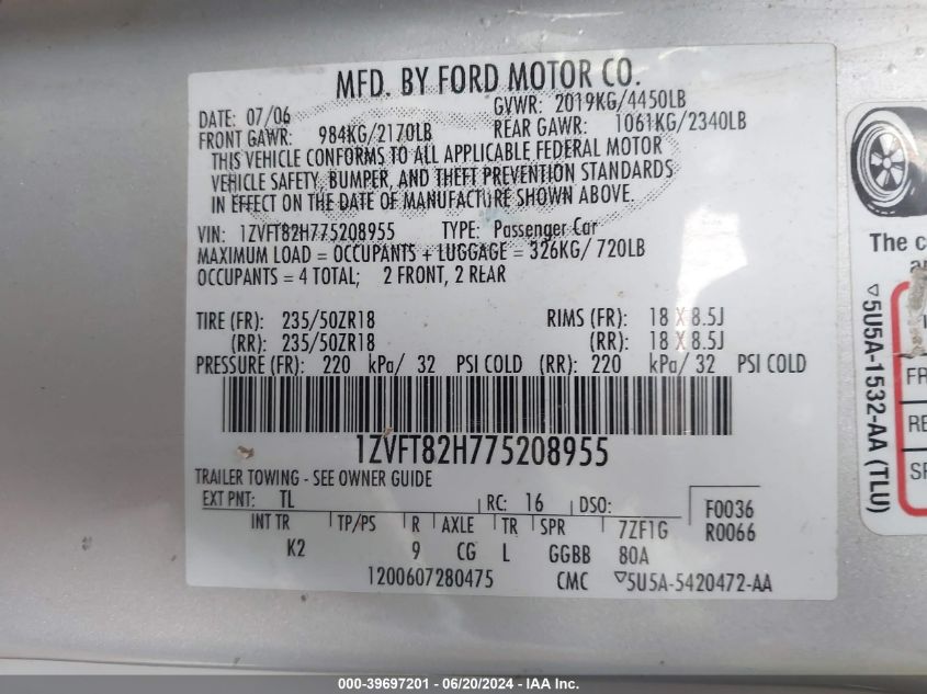 2007 Ford Mustang Gt VIN: 1ZVFT82H775208955 Lot: 39697201