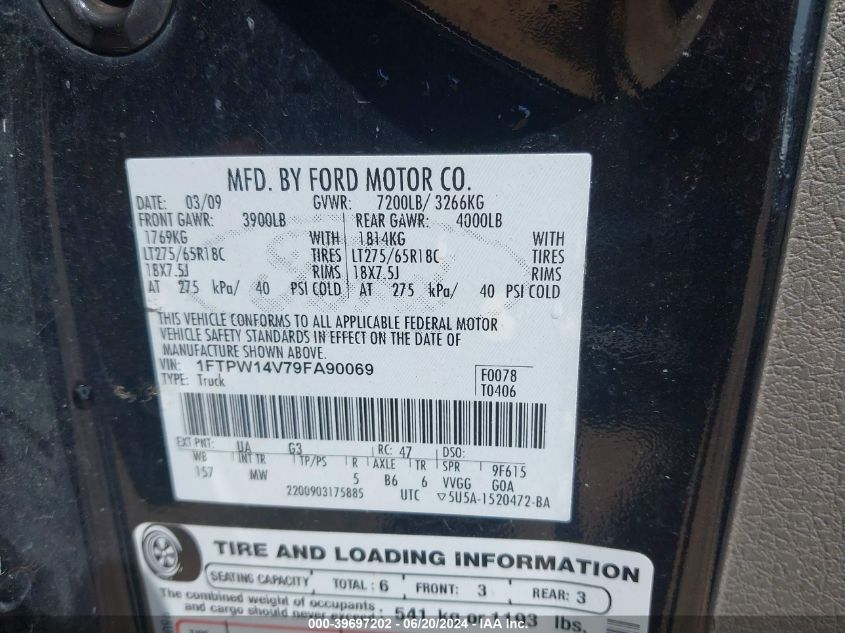 2009 Ford F-150 Xlt VIN: 1FTPW14V79FA90069 Lot: 39697202