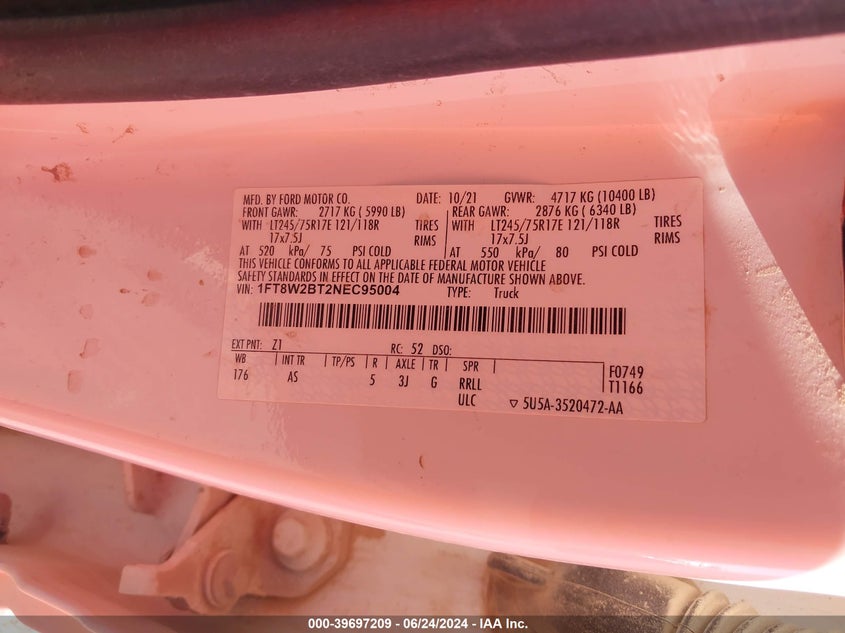 2022 Ford F-250 Xl VIN: 1FT8W2BT2NEC95004 Lot: 39697209