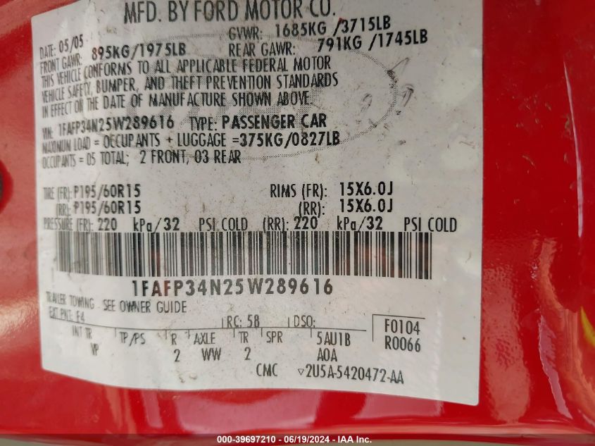 2005 Ford Focus Zx4 VIN: 1FAFP34N25W289616 Lot: 39697210
