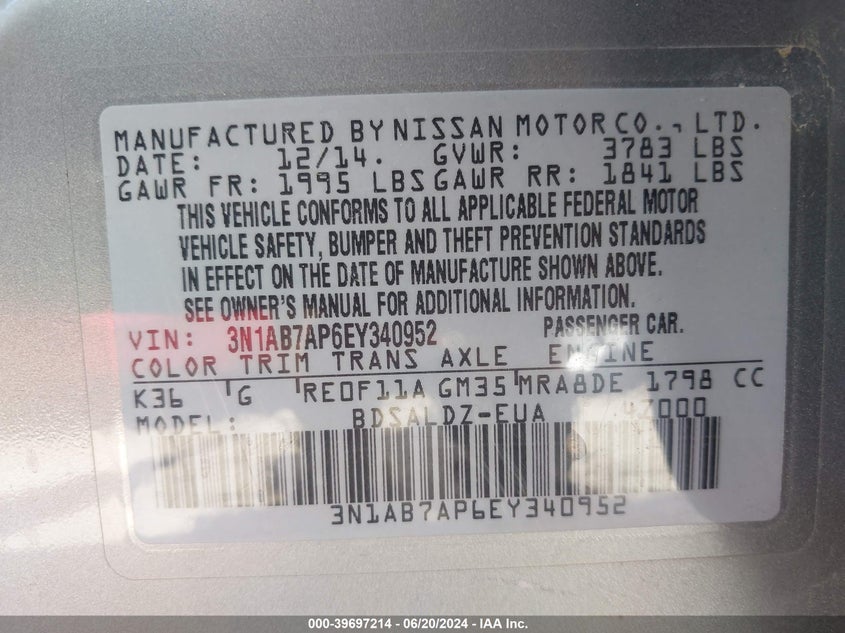 2014 Nissan Sentra S/Sv/Sr/Sl VIN: 3N1AB7AP6EY340952 Lot: 39697214