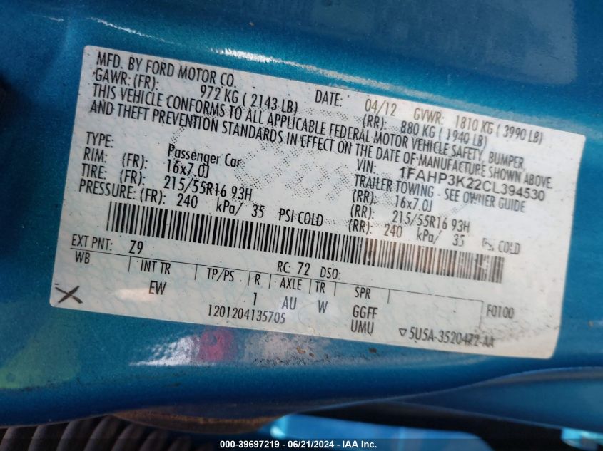 2012 Ford Focus Se VIN: 1FAHP3K22CL394530 Lot: 39697219