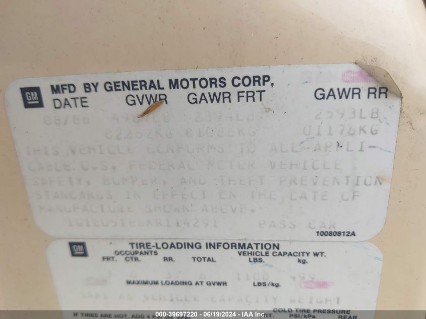 1989 Chevrolet Caprice Classic Brougham VIN: 1G1BU51E8KR114291 Lot: 39697220