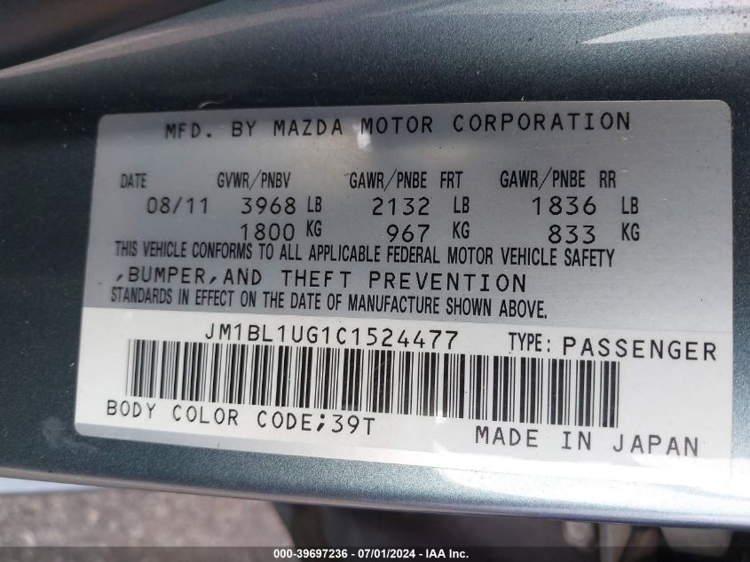 2012 Mazda Mazda3 I Sport VIN: JM1BL1UG1C1524477 Lot: 39697236